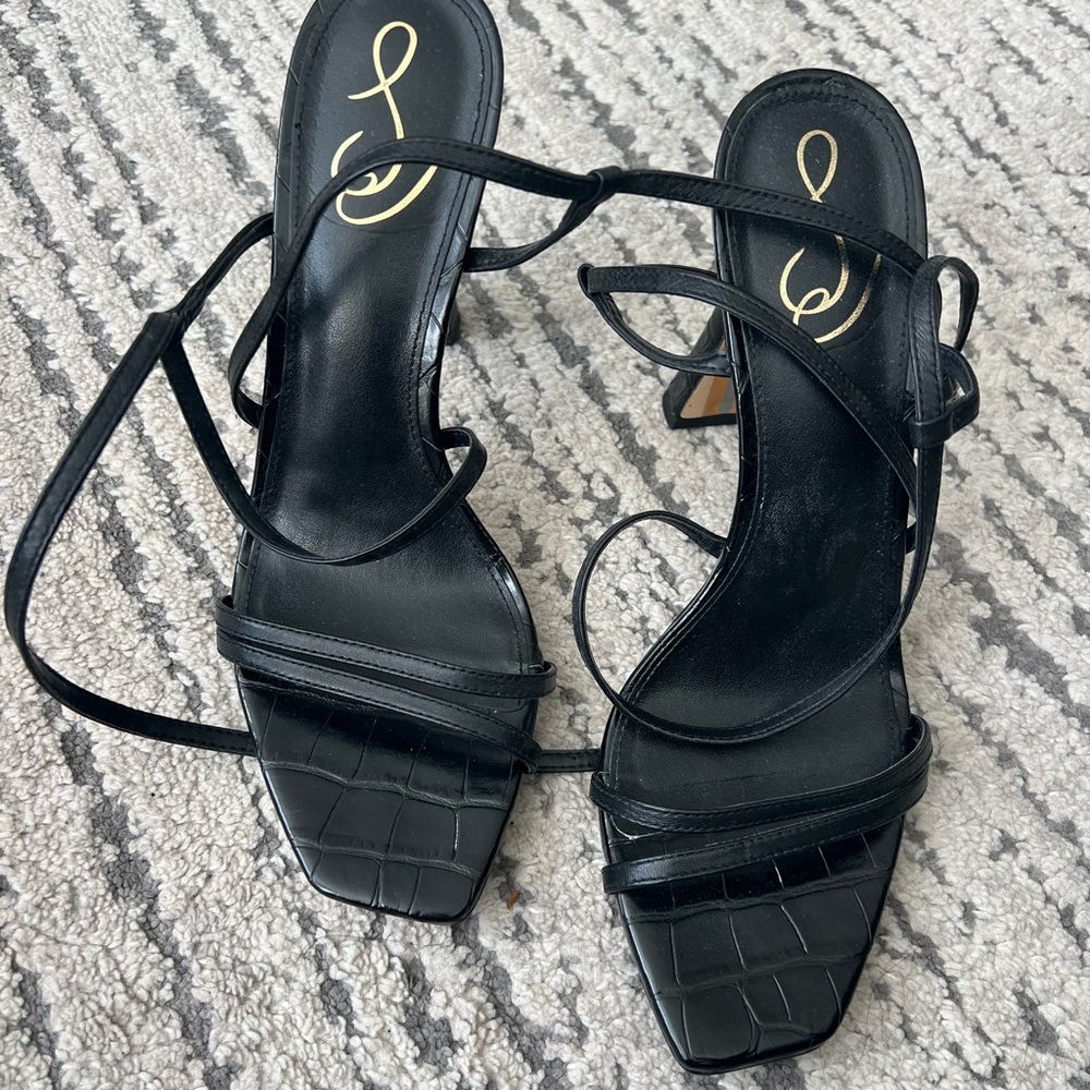 Sam Edelman Black Croc-Embossed Strappy Heels